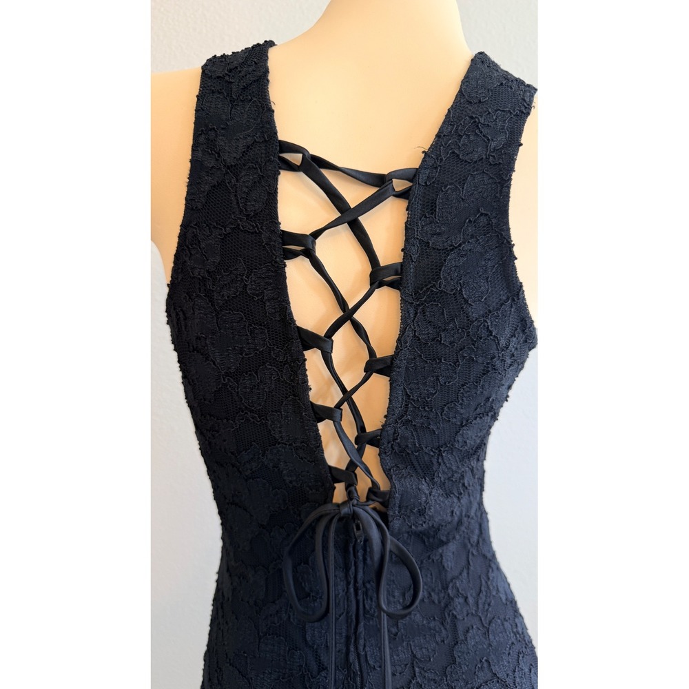 Rampage VTG 90s Y2K Stretch Lace Corset Tie Back Black Mini Dress S - Picture 4 of 8